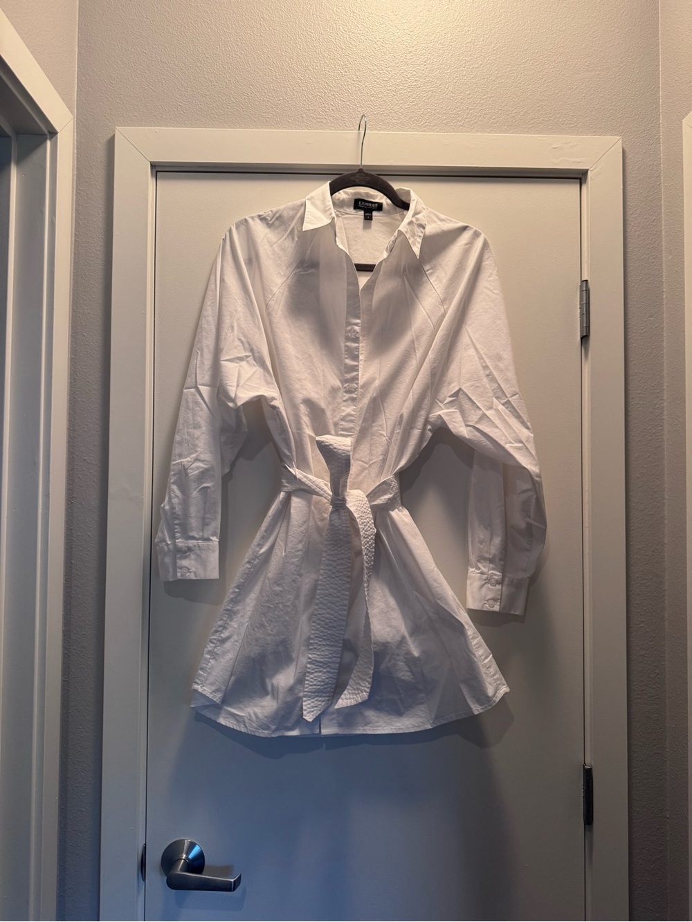 Express White Button-Down Shirt Dress with Self Tie Belt